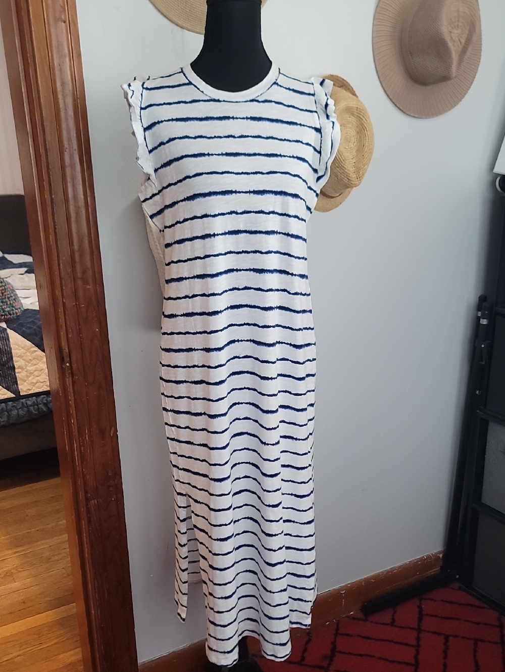 Striped Sleeveless White and Navy Maxi Dress